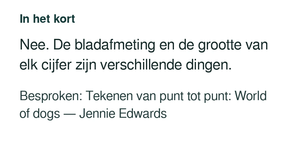Nee. De bladafmeting en de grootte van elk cijfer zijn verschillende dingen. Besproken: Tekenen van punt tot punt: World of dogs — Jennie Edwards.